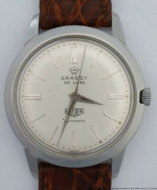 Vintage Heuer Grassy De Luxe Automatic Stainless Steel Mens Wrist Watch