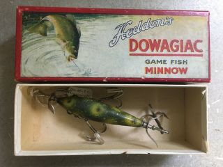 Heddon Dowagiac Minnow 100 3 Hook Glass Eyes Wood Vintage Fishing Lure W/box