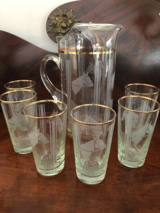 Vintage Etched Glass Pitcher And Gold Rimmed Glasses - Equestrian - Mid - Century