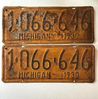 Vintage Prohibition Era Michigan License Plate Set 1930 (1 - 066 - 646)