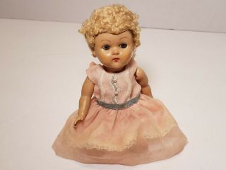 Vintage Vogue Ginny Doll 7 " Tall Curly Wig Hair Sleep Eyes Girl With Pink Dress