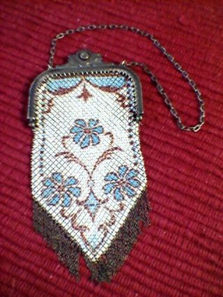 Antique Art Deco Mandalian Beaded Turquoise Mesh Enameled Metal Purse Bag Vgc