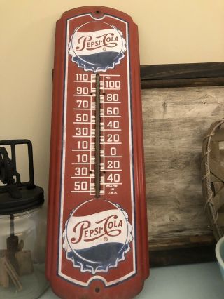 Vintage Pepsi Cola Thermometer 27 " X 8 " Tall Metal Sign