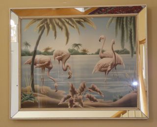 Vintage Mid - Century Flamingo Picture By Turner Wall Mantle Mirror 22