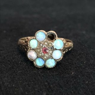 Antique Victorian 10k Rose Gold Opal Halo Seed Pearl Cluster Ring Size 5