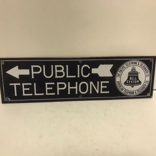 VINTAGE DOUBLE - SIDED PORCELAIN BELL SYSTEM AMERICAN BELL PUBLIC TELEPHONE SIGN 4