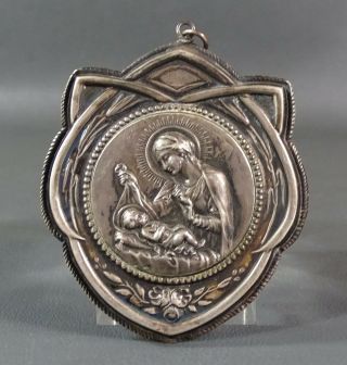 Victorian 800 Silver Virgin Mary Madonna&jesus Baby Icon 3 " Big Medallion Pendant