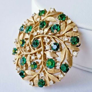 Vintage Crown Trifari Signed Brooch Pin Emerald Green Rhinestones Textured Gold