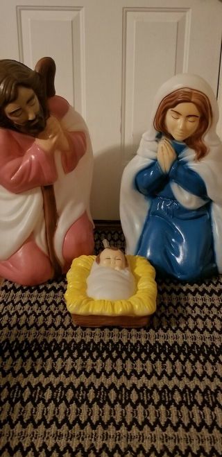 Vtg 3pc Blow Mold Christmas Nativity Set Joseph,  Mary,  And Baby Jesus