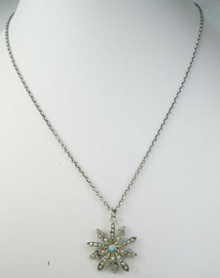 Antique Victorian Sterling Silver Seed Pearl & Persian Turquoise Flower Necklace
