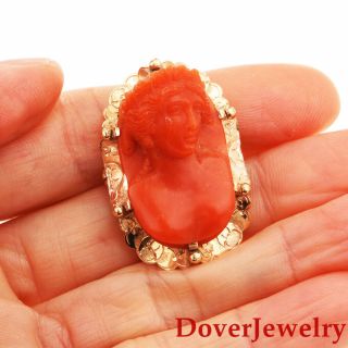 Vintage Carved Red Coral 14k Yellow Gold Lady Face Pin 8.  3 Grams Nr