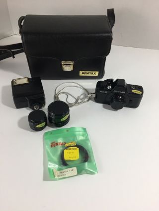 Pentax Auto 110 Vintage Camera W 18mm 50mm24mm Lenses Flash,  Case