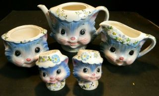 Vintage Lefton Miss Priss Blue Cat S&p,  Tea Pot,  Creamer & Sugar Bowl Vg - Excell