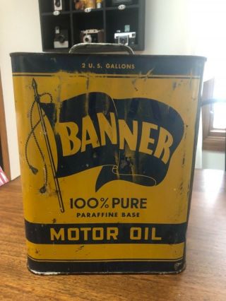 Banner Motor Oil Can Vintage 2 Gallon Rare Gas Oil Mancave Garage Decor