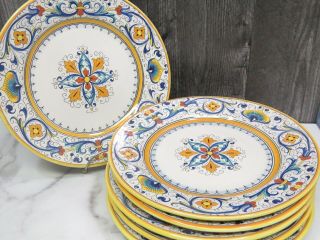 Set Of 6 Vintage Grazia Deruta Italy Dinner Plates 9 5/8 " Blue Yellow Majolica