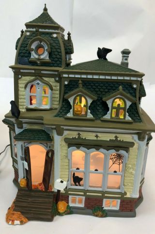 Vtg 10 " Dept 56 Snowy Village Spooky Haunted Mansion House W/ Rotating Lamp Read