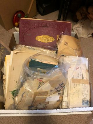 Vintage Estate Finds Box Full Of Ephemra Envelopes Letters Pamphlets Stamps Etc