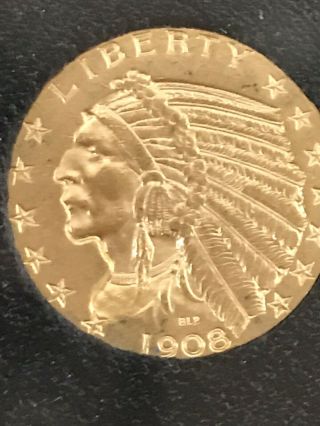 1908 Gold Us $5 Dollar Indian Head Half Eagle Coin Philadelphia - Rare