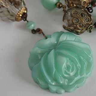 Antique Art Deco Brass Filigree Aqua Crystal Czech Glass Rose Flower Necklace