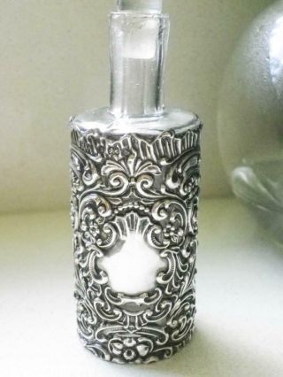 Antique Sterling Silver Case Over Glass Perfume Bottle - Hallmarked C.  1901