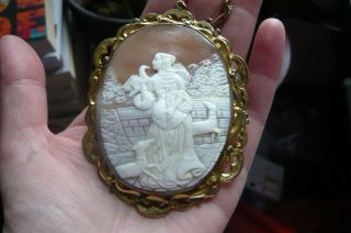 Large Victorian Woman With Dogs And Bird Shell Cameo And Gilt Metal Brooch