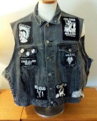 Vintage Punk Rock Black Denim Vest Jacket Ramones Exploited Total Chaos =large=