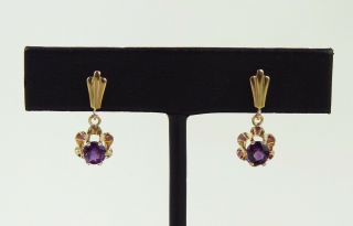 Antique/vintage 14k Gold And Amethyst Art Deco Floral Dangle Post Earrings