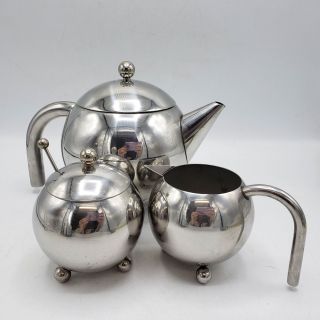 Vintage Modernist Space Age Art Deco Style Chrome Tea Set W/ Spoon & Strainer