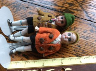 Pair Antique German All Bisque Doll House Size Dolls Boy And Girl Orig Clothes