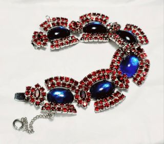 Vintage Blue Glass Cabochon Red Rhinestone Silver Tone Bracelet