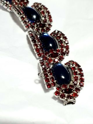 Vintage Blue Glass Cabochon Red Rhinestone Silver Tone Bracelet 4