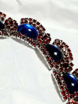 Vintage Blue Glass Cabochon Red Rhinestone Silver Tone Bracelet 5