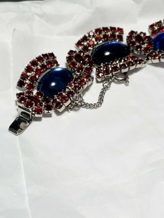 Vintage Blue Glass Cabochon Red Rhinestone Silver Tone Bracelet 6