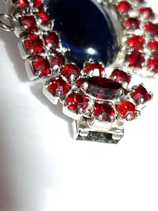 Vintage Blue Glass Cabochon Red Rhinestone Silver Tone Bracelet 8