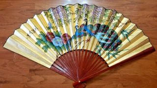 Huge 60” Vintage Oriental / Asian Hand Painted Bamboo Paper Wall Fan Art–signed