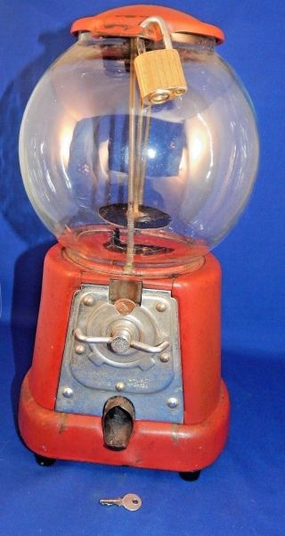Antique Penny Bubble Gum Machine With Key Gumball Vending Peanuts Candy Coin - Op