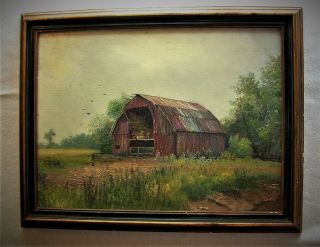 Vintage Marion Bryant Cook Oil On Canvas Rural Scene Red Barn Landscape Signed