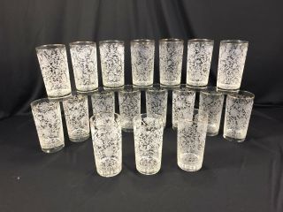 (18) Vintage Mid Century Modern Drinking Glasses Mcm Frosted Floral White Gold