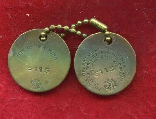 2 Vintage Brass Tags 1930s York City Taxi Cab Medallion Number 5115