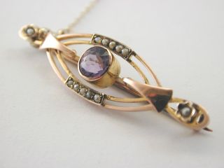 Art Nouveau Amethyst and pearl brooch with safety chain 9ct rose gold 2