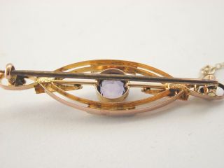 Art Nouveau Amethyst and pearl brooch with safety chain 9ct rose gold 3