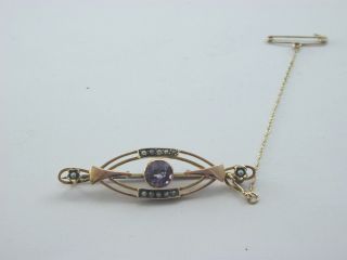 Art Nouveau Amethyst and pearl brooch with safety chain 9ct rose gold 5