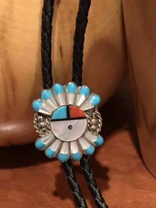 Vintage Sterling Silver Zuni Sun Face Stone Inlay Turquoise Mop Bolo Tie