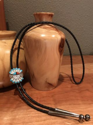 Vintage Sterling Silver ZUNI Sun Face Stone Inlay Turquoise MOP BOLO TIE 2