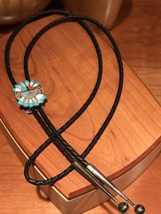 Vintage Sterling Silver ZUNI Sun Face Stone Inlay Turquoise MOP BOLO TIE 5