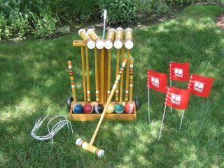 Vintage Forster Skowhagan 6 Player Croquet Set With Wheeled Cart Complete