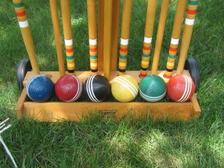 Vintage Forster Skowhagan 6 Player Croquet Set With Wheeled Cart Complete 2