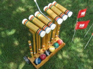 Vintage Forster Skowhagan 6 Player Croquet Set With Wheeled Cart Complete 3