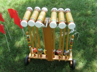 Vintage Forster Skowhagan 6 Player Croquet Set With Wheeled Cart Complete 8