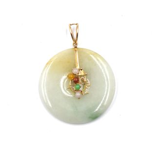 Vintage Asiana Jade Multi Colored Bead Circle Necklace Pendant 14k Yellow Gold